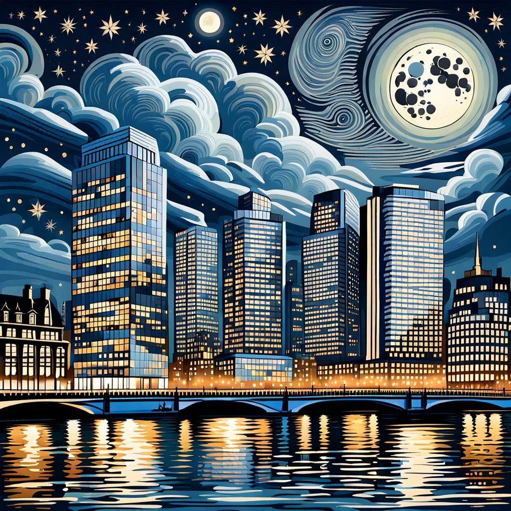Utopian Thames River Futuristic Skyline at Night
