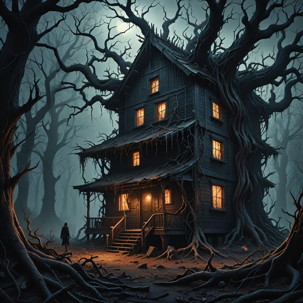 Dark Fantasy Cabin Scene in Cyberpunk Digital Painting Style