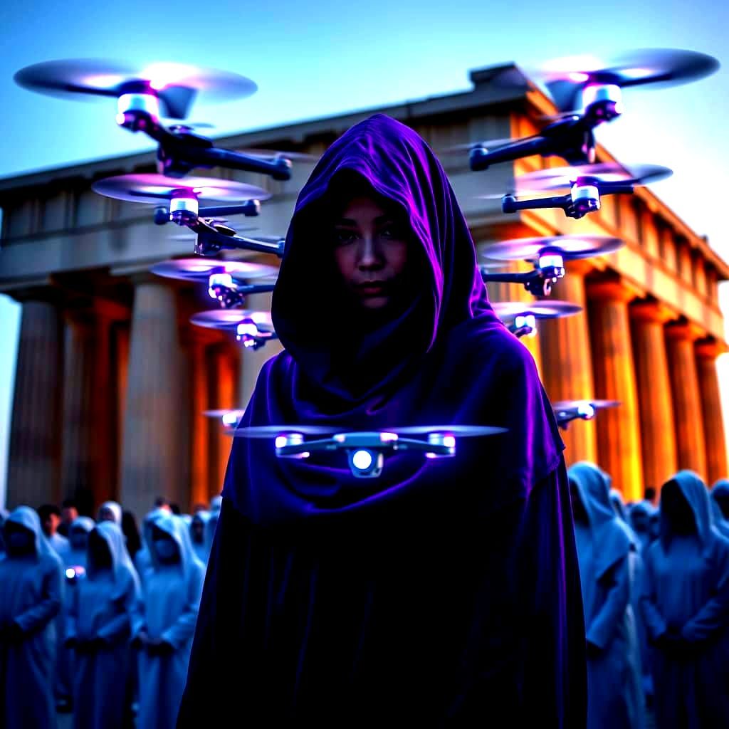 Ethereal Asian Matriarch in Greek Temples, Surrounded by Dro...