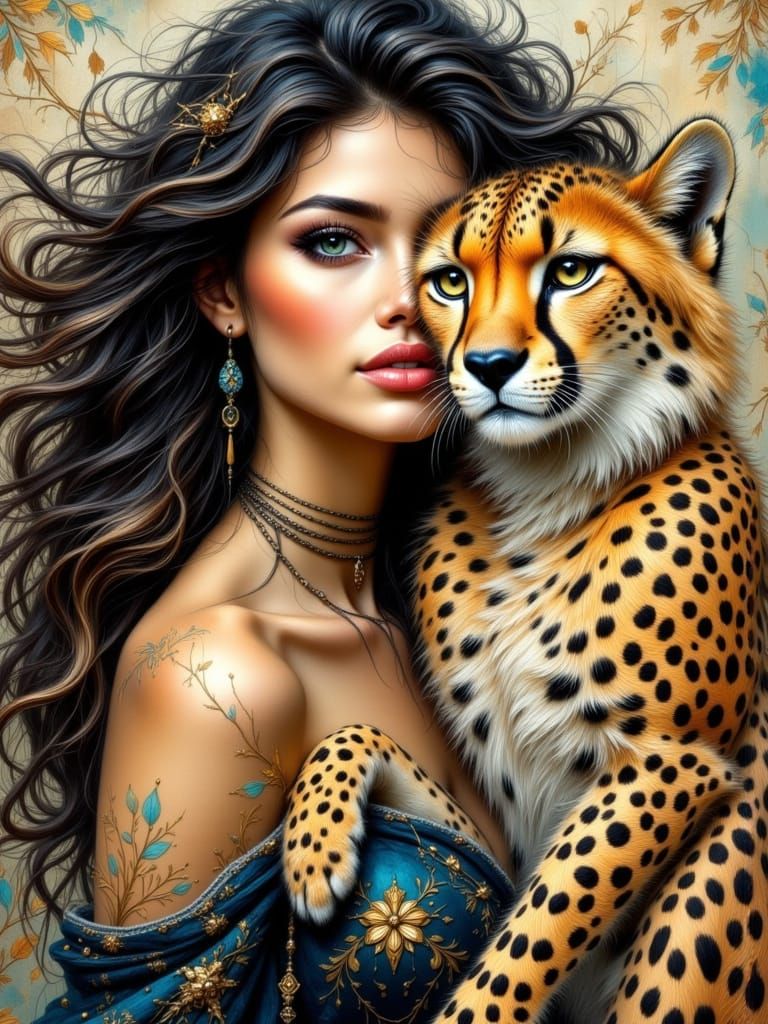 Woman and Cheetah Portrait in Digital Painting Style