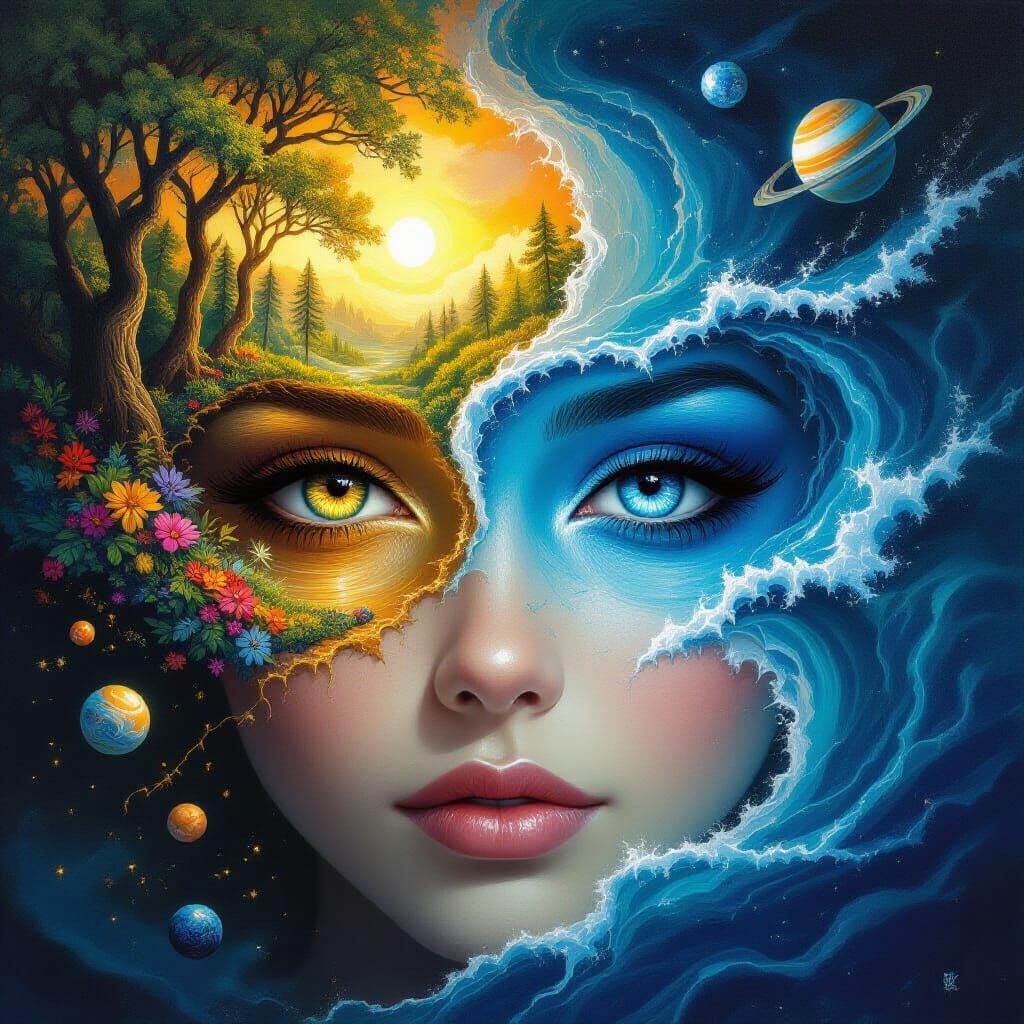 Surreal Celestial Yin-Yang Eye in Hyperrealistic Style