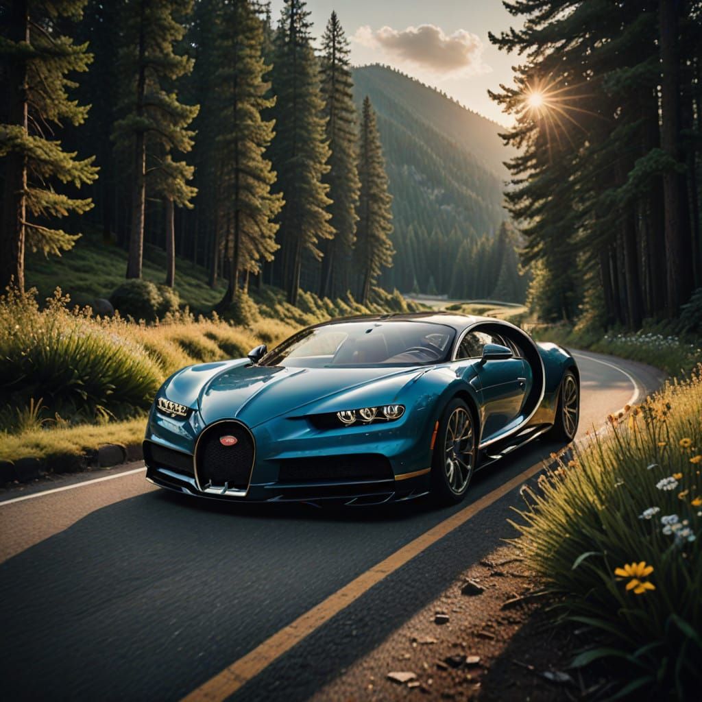 Luxury Bugatti Chiron on Winding Mountain Road at Sunrise