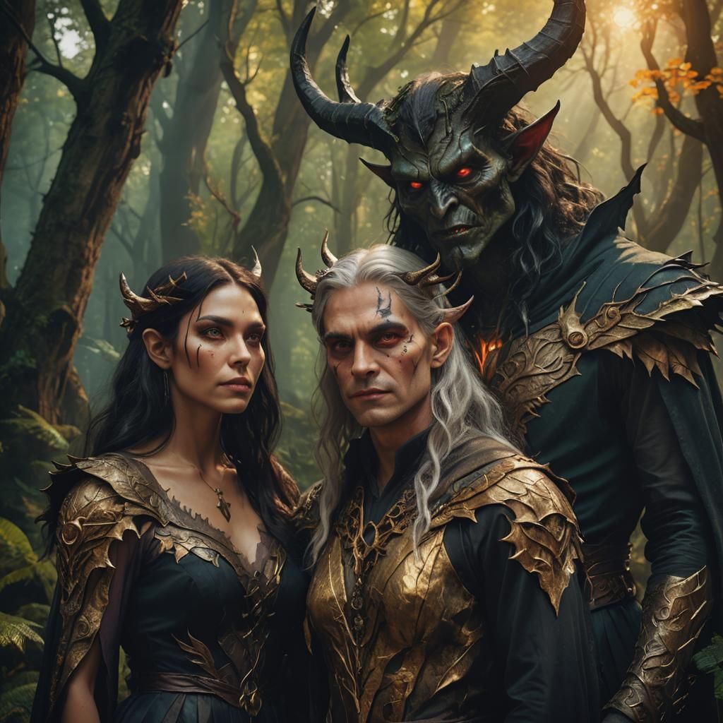 Demon and Witch Couple in Mystical Forest
