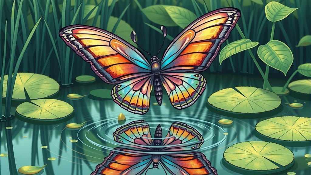 Iridescent Butterfly on Pond in Whimsical Style