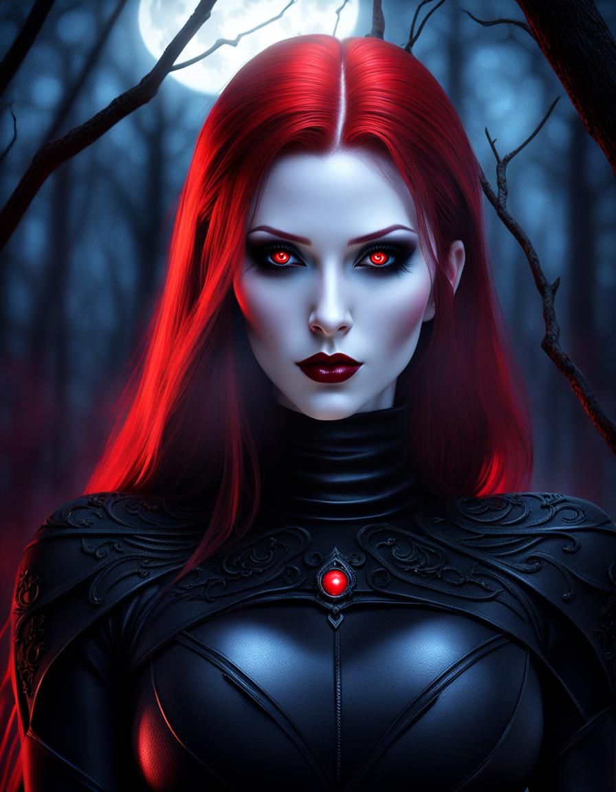 Gothic Redhead Vampire in Dark Forest, Photorealistic HDR