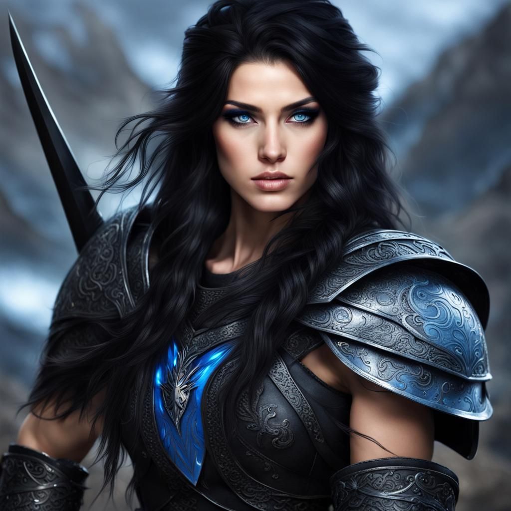 Amazon Warrior in Black Fur and Armor, Digital Art