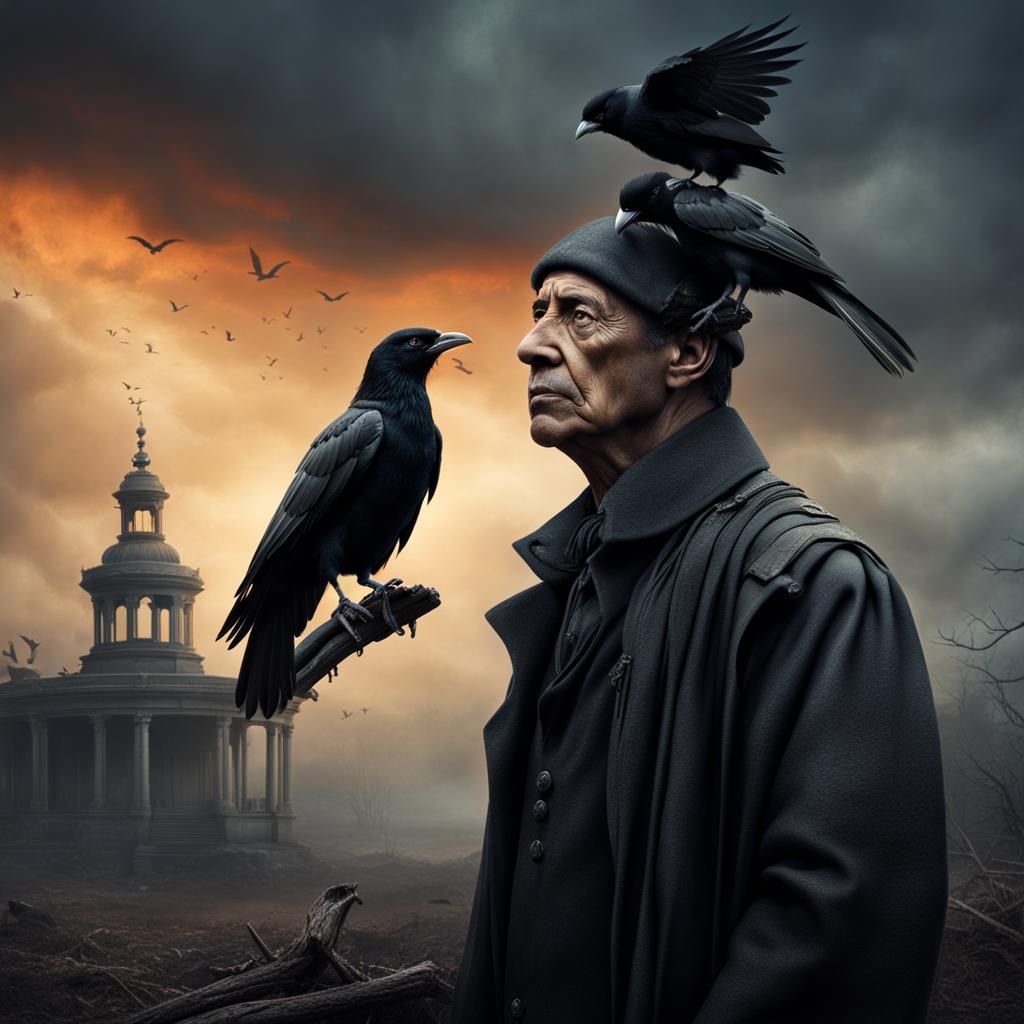 Mental Patient with Wounded Crow: Cinematic Digital Art