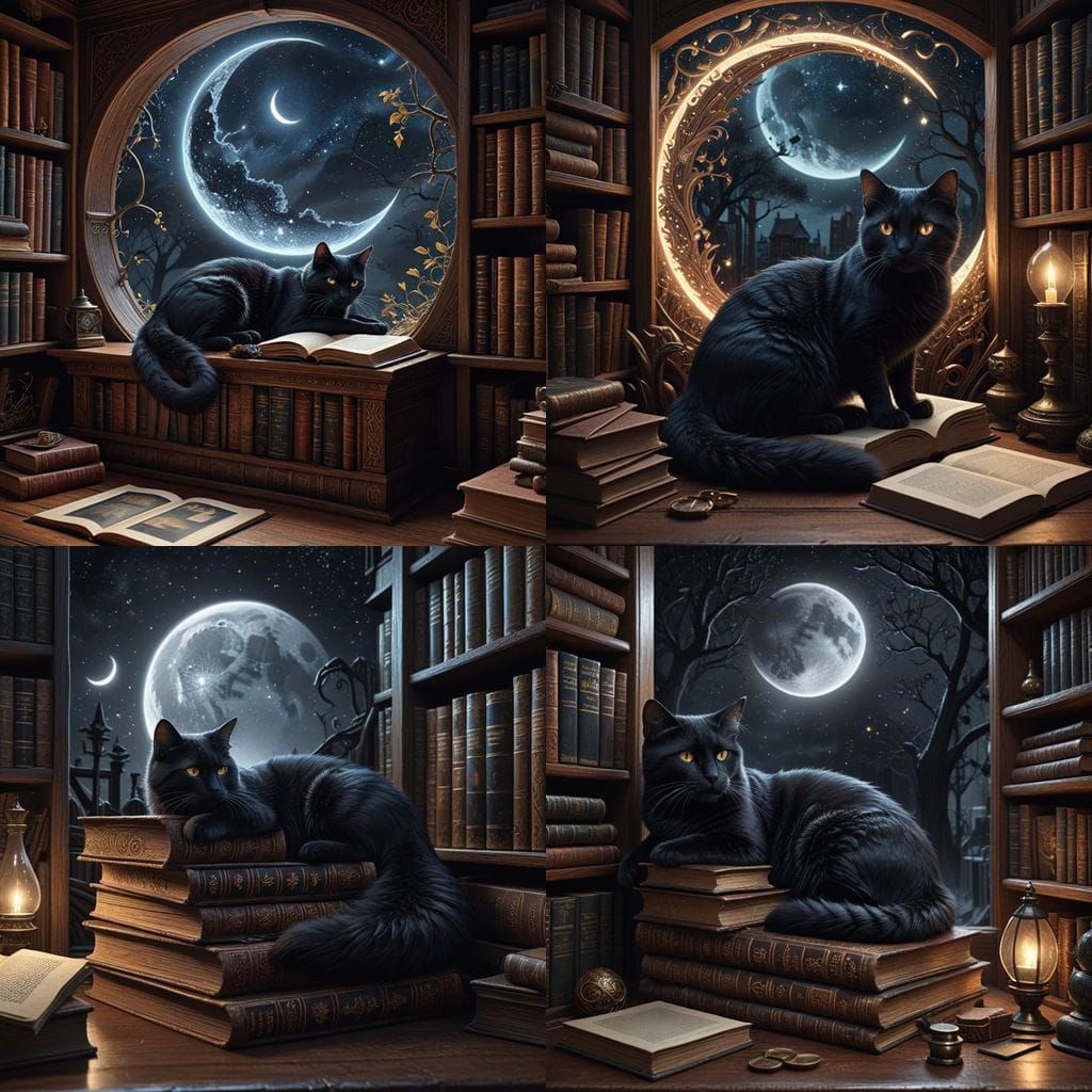 Mystical Moonlit Bookshelf with Whimsical Feline Companion