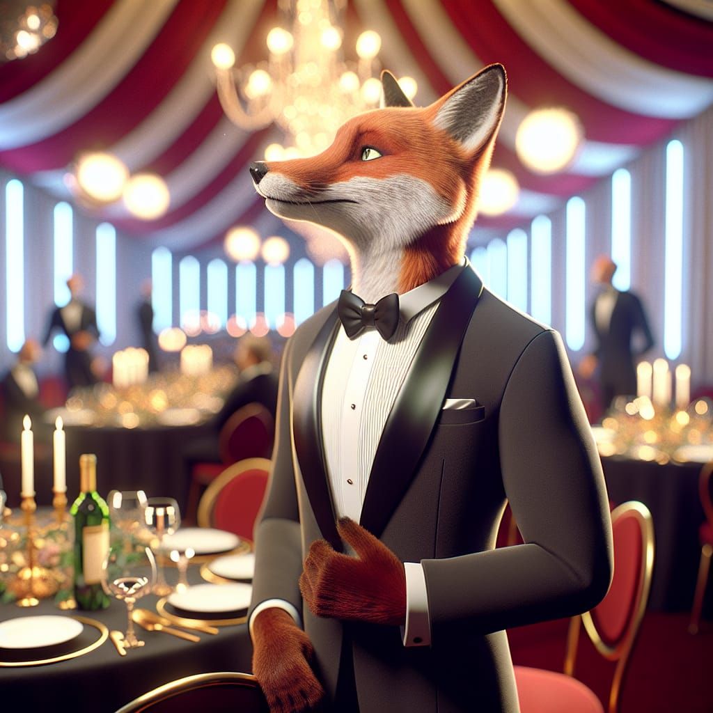 Anthropomorphic Fox in Tuxedo at Sophisticated Dinner Party