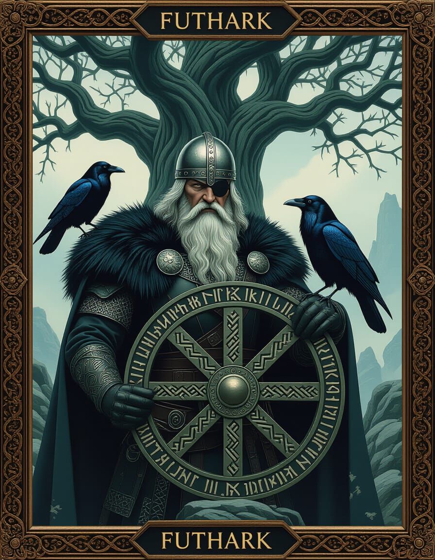Odin with Runes and Ravens in Digital Painting Style