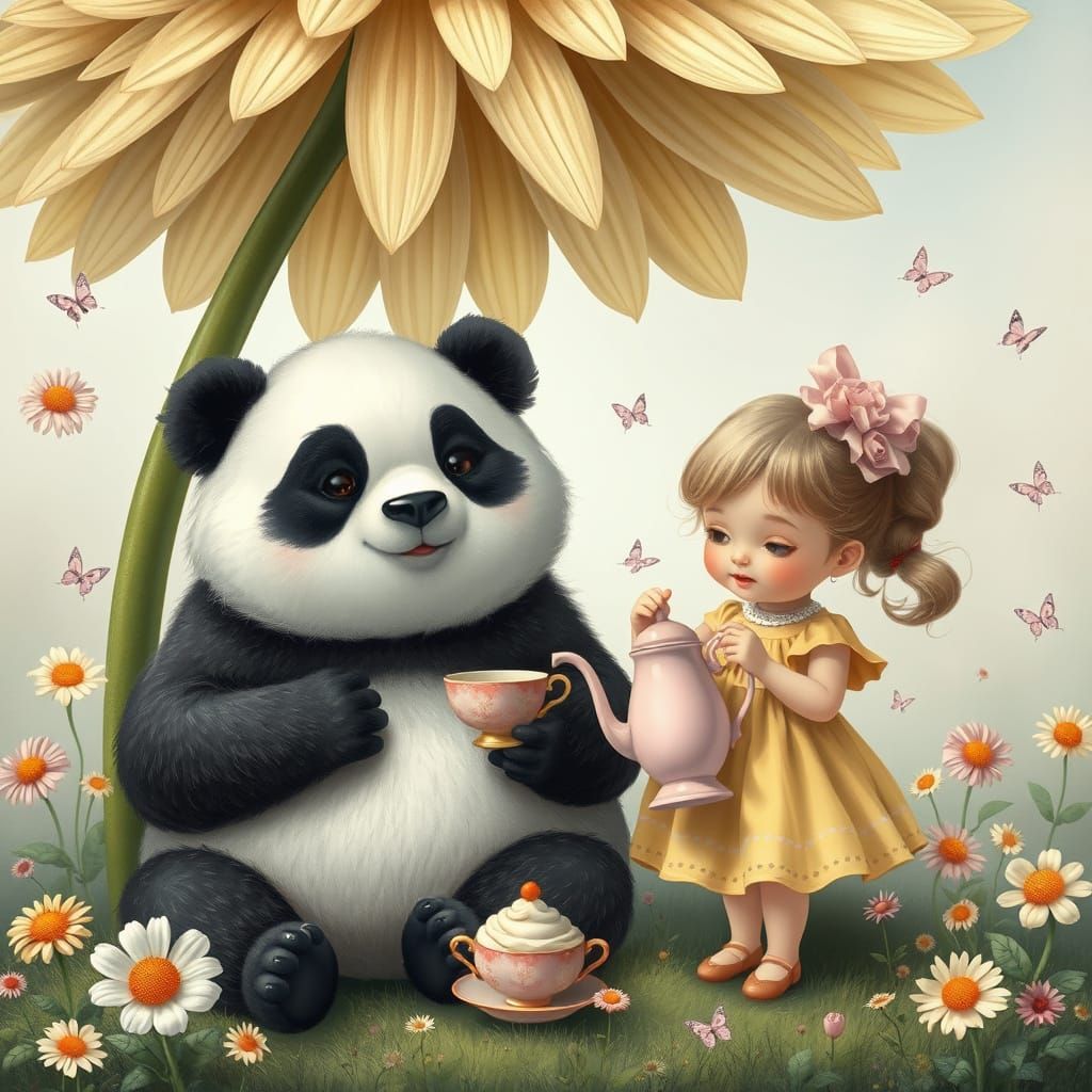 whimsical scene of a magical tea party under a giant daisy. ...