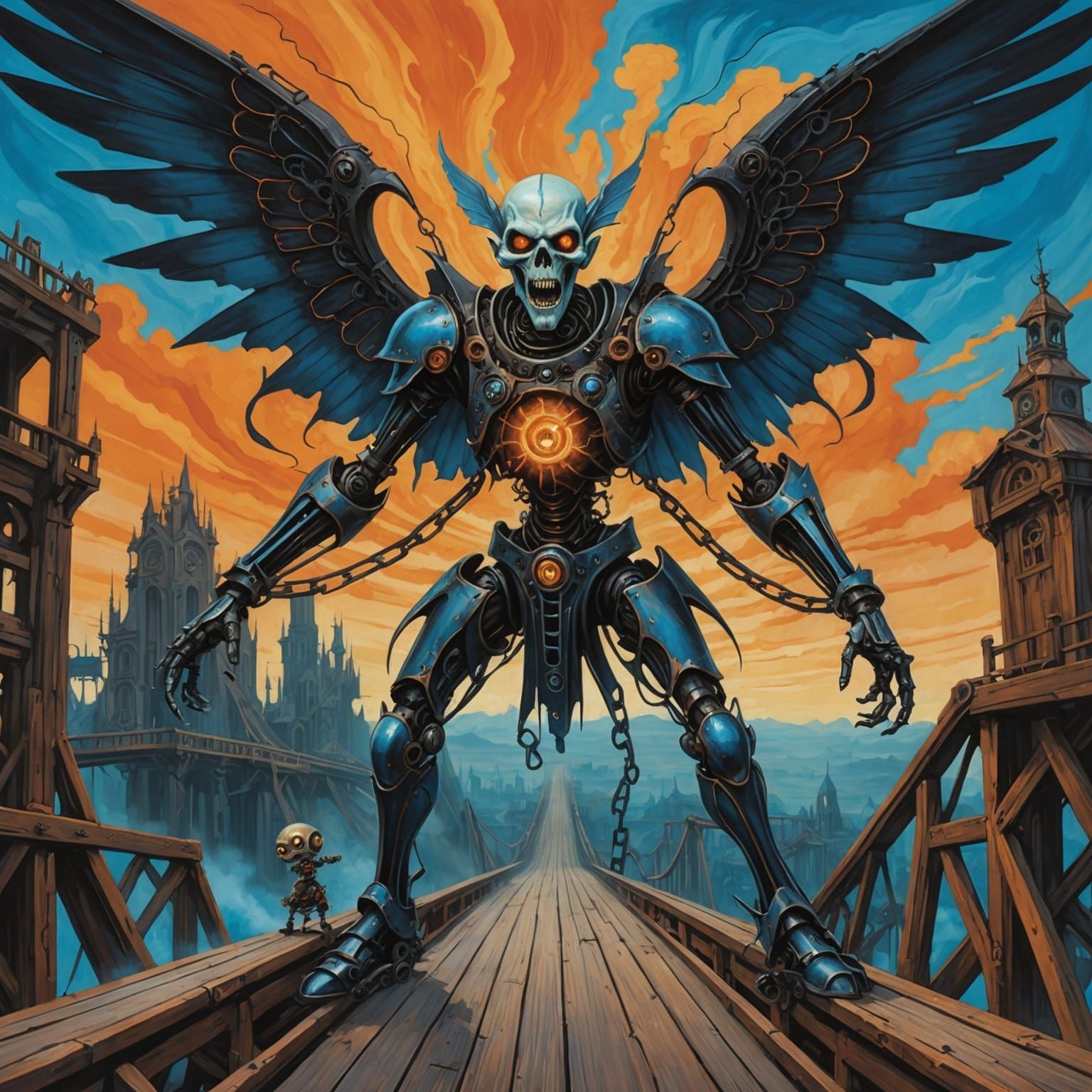 Screaming Fairy with Robot, Fractal Background