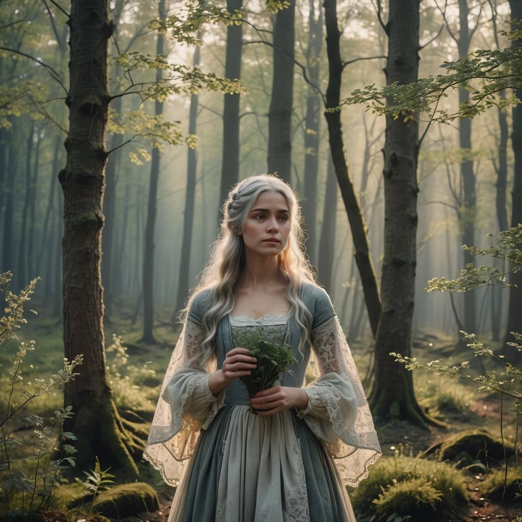 Spring Forest Sunrise with Silver-Haired Woman