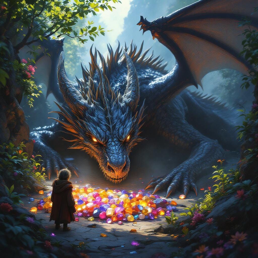 Shadow Dragon on Treasure Horde in Fantasy Art