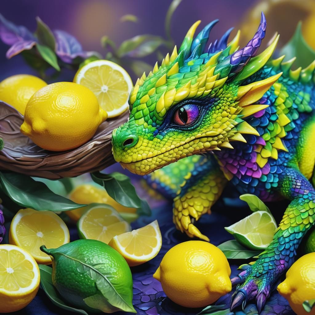 Tiny Dragon and Lemon in Vibrant Digital Art