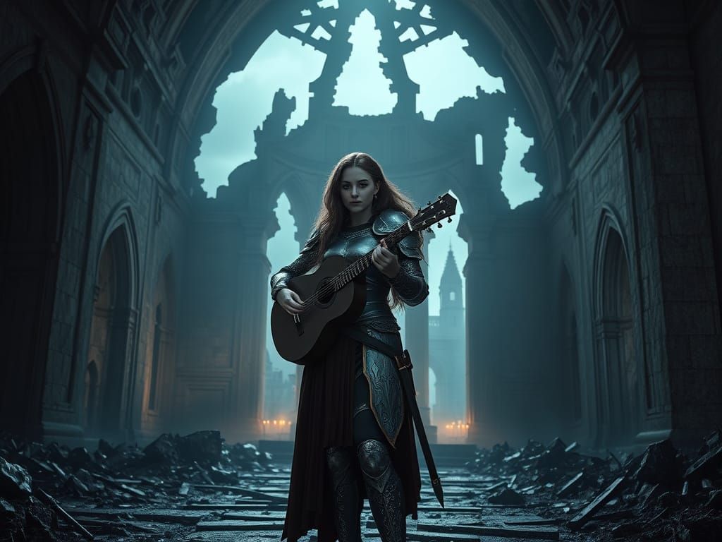 Epic Fantasy Ruin Cathedral Altar Under Nighttime Sky