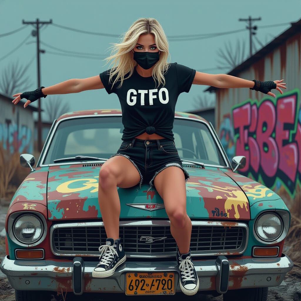 Woman Jumps on Car in Junkyard, Digital Painting