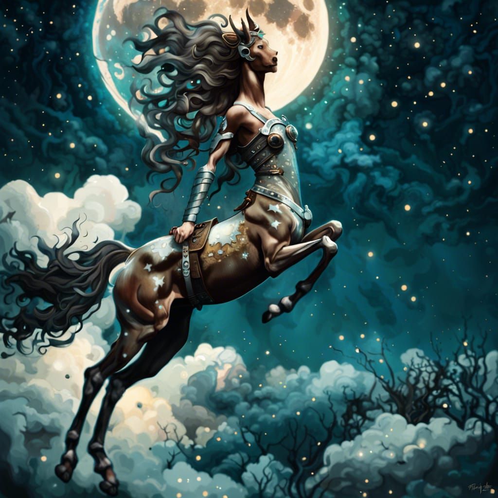 Centaur with Antlers Hanging from Moon, Digital Art