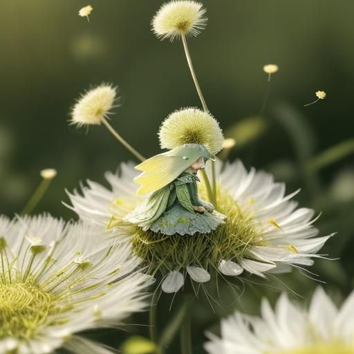 Enchanted Elf Among Dandelions: A Macro Photograph