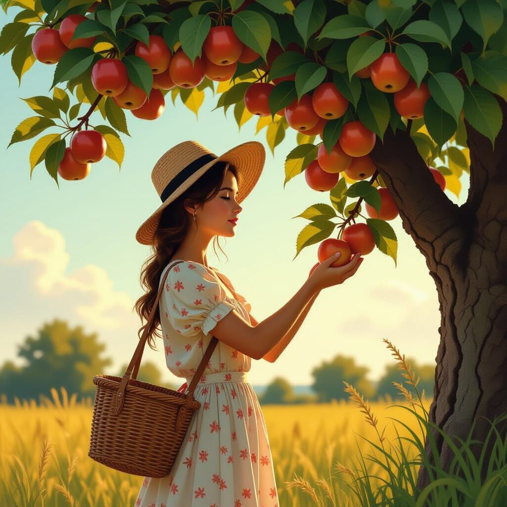Young Woman Harvesting Luminescent Apples: Digital Art