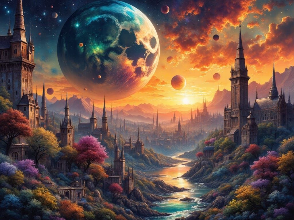 Astronaut Exploring Moon City in Space Sunset