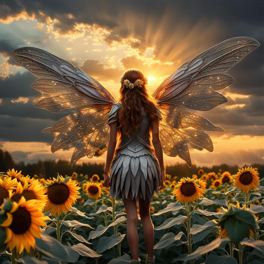 Fairy on Sunflower at Sunset: Hyperrealistic Digital Art