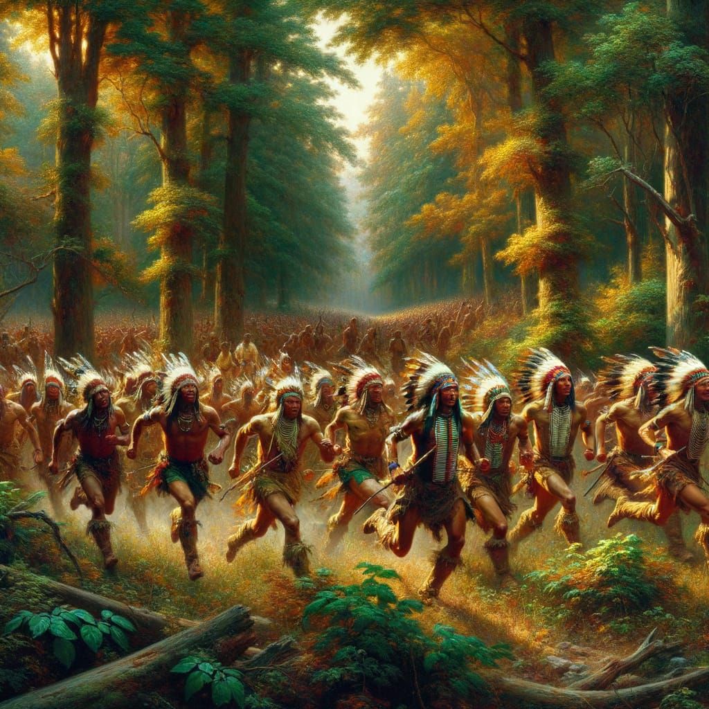 Romantic Era Oil Painting of Native American Runners in Fore...