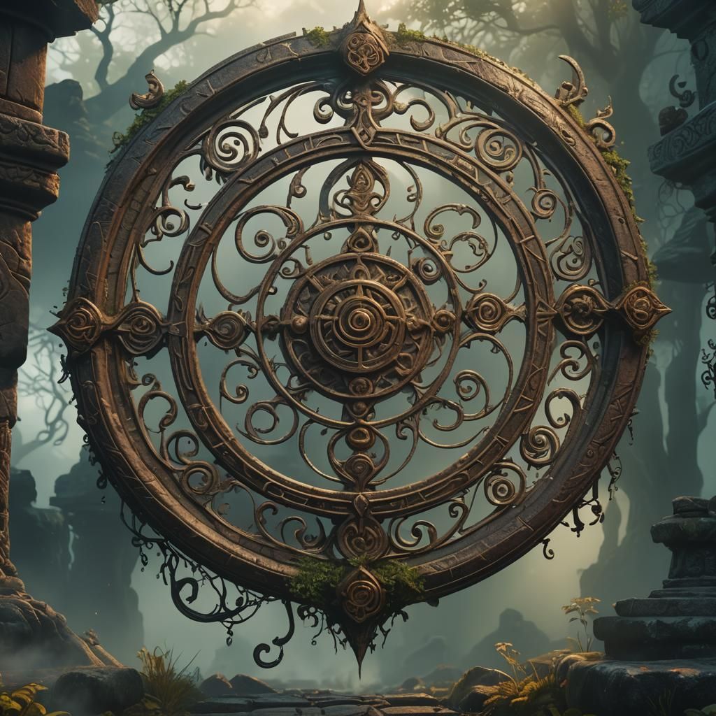 Magical Symbols on Ancient Sign in Misty Realm