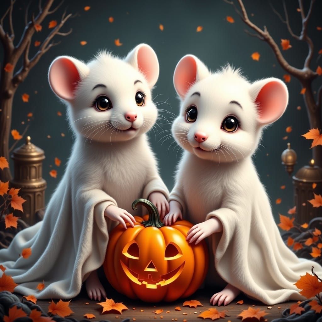 Cute Mice Siblings Dressed as Ghosts for Halloween