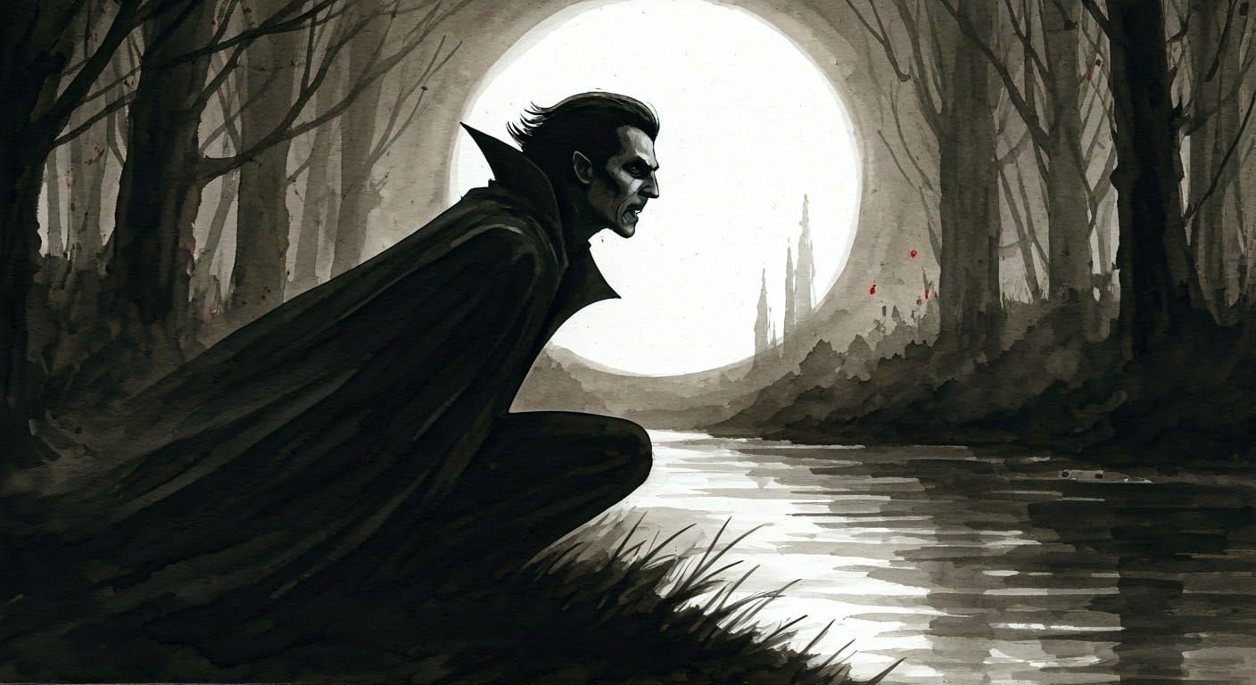 Vampire Silhouette in Steampunk Ink Painting