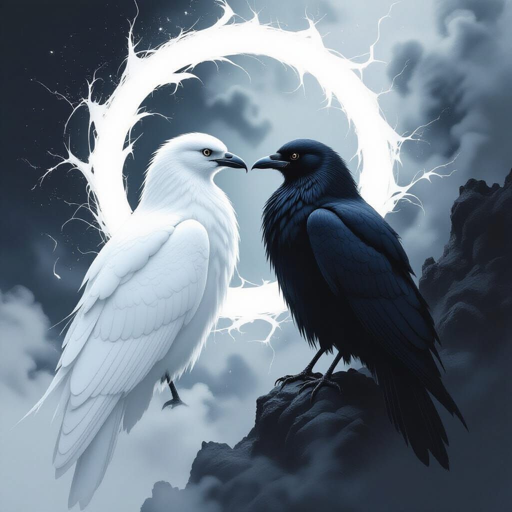 Contrasting Birds in Black and White Aura