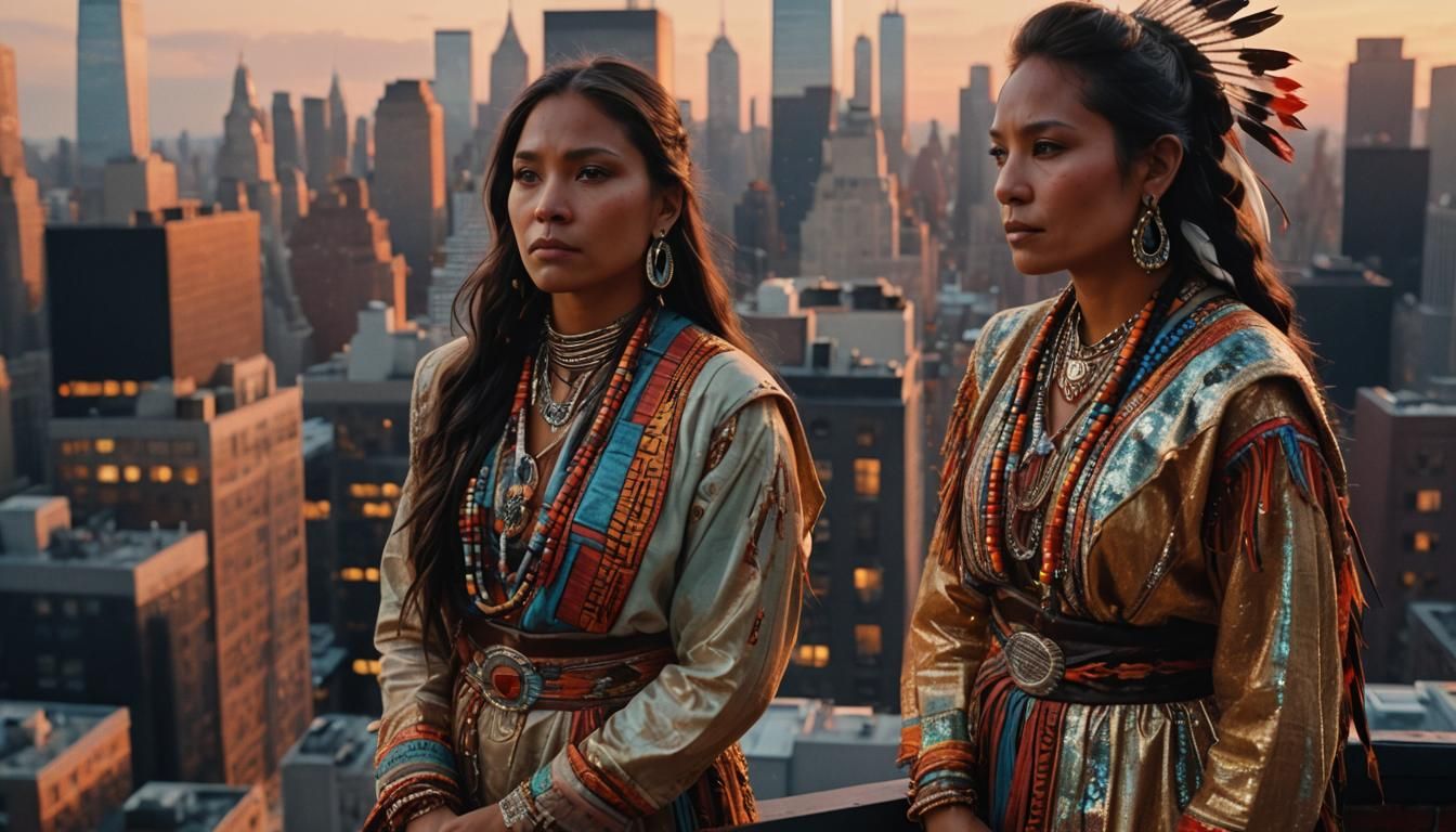 Native American Woman on NYC Rooftop in Oil Painting Style