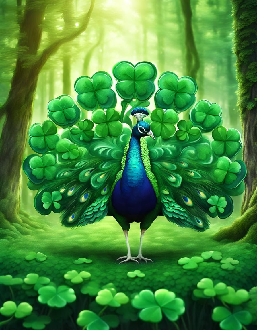 Fantasy Clover Peacock in Forest Illustration