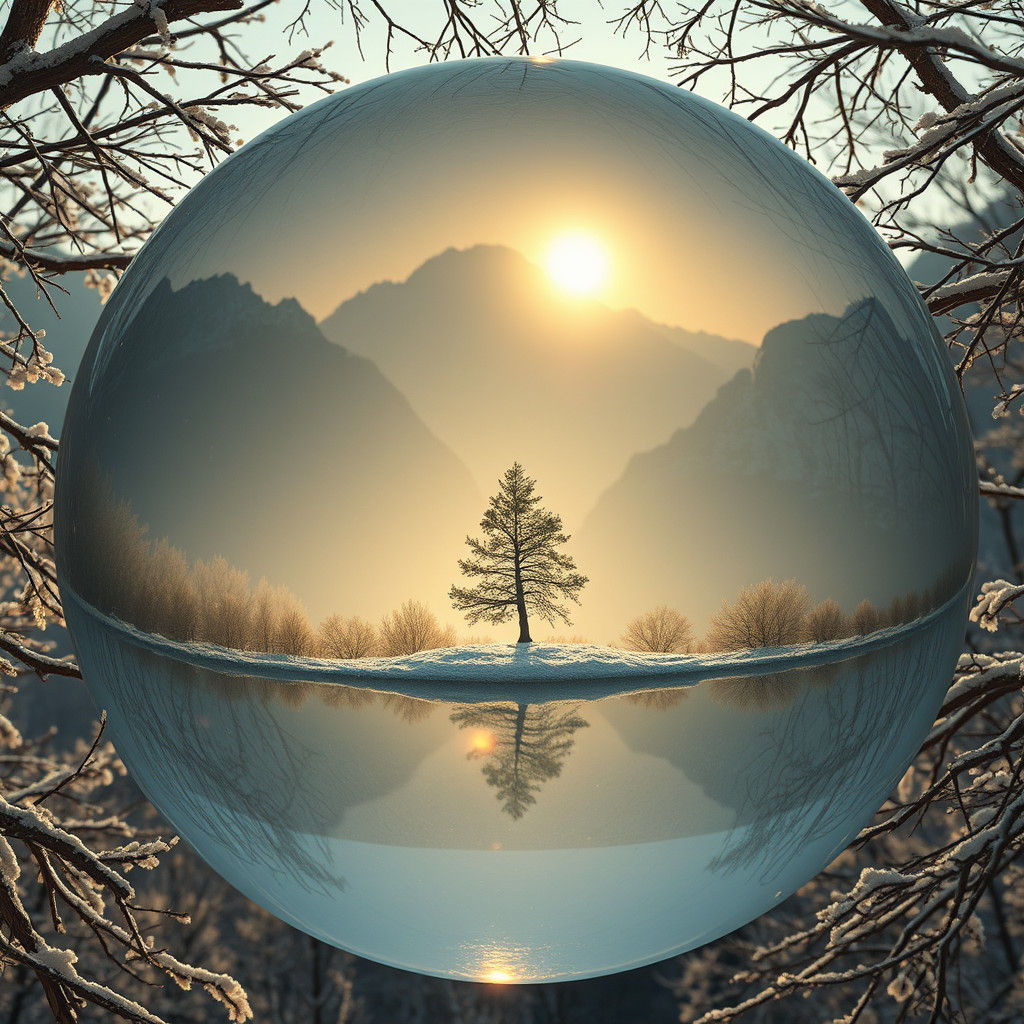 Crystal Sphere Reflecting a Sunset Valley