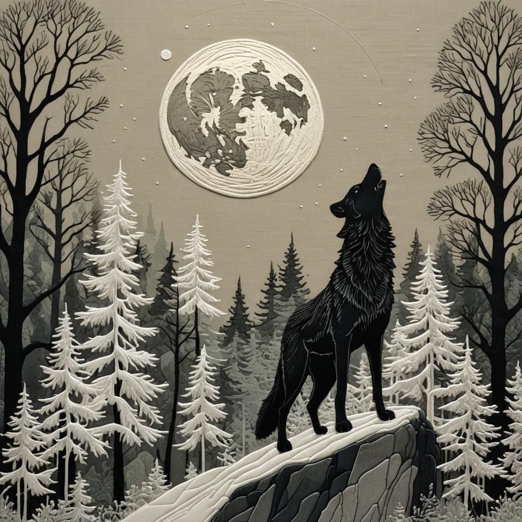 Wolf Howling at Moon: Embroidery Style Digital Art