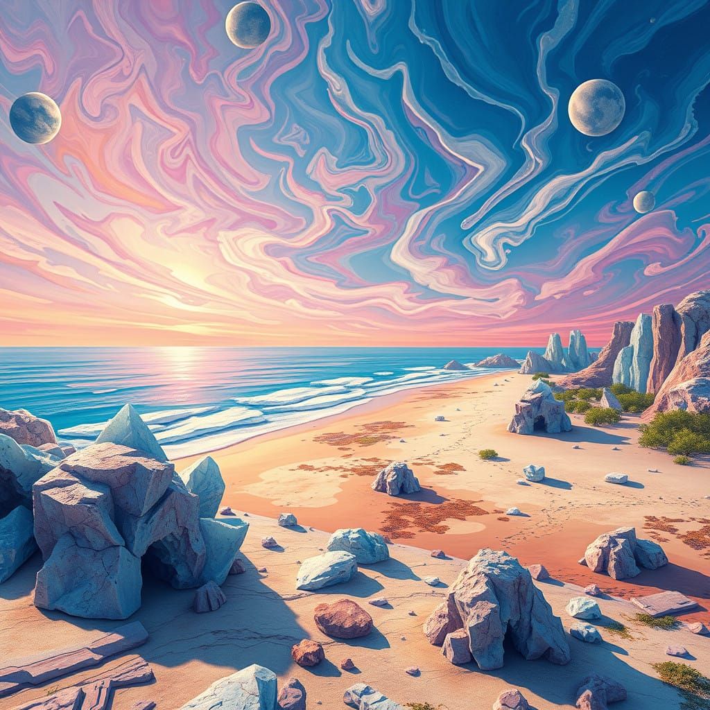 Surreal Beachscape of Fractal Shores with Fauvist Sky
