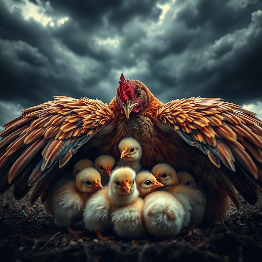 Fluffy Chicks Safe Under Hen's Wings Amidst Storm