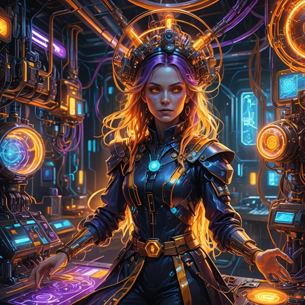 Futuristic Technology Witch Summons Magical Energy