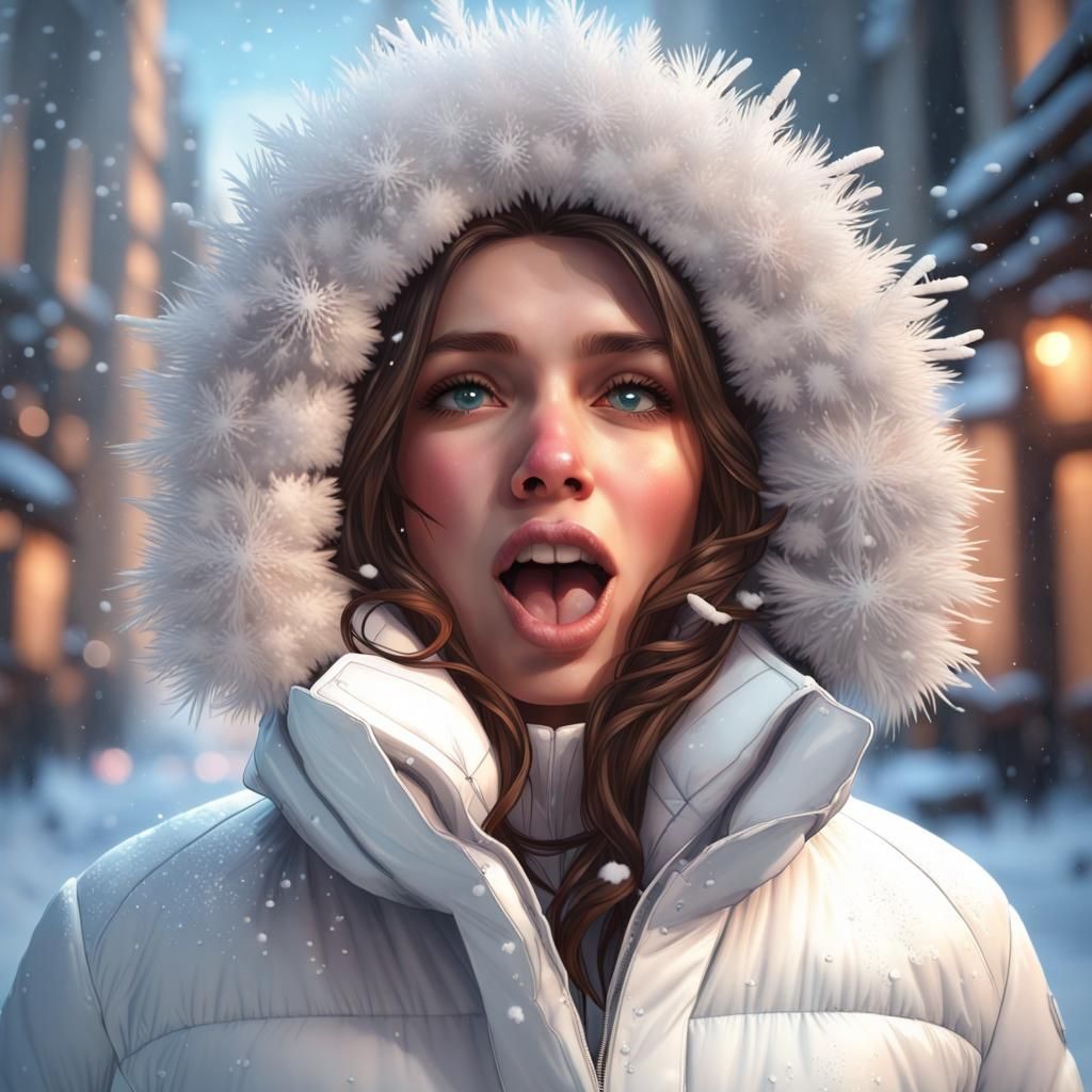 Winter Portrait of Girl Catching Snowflakes