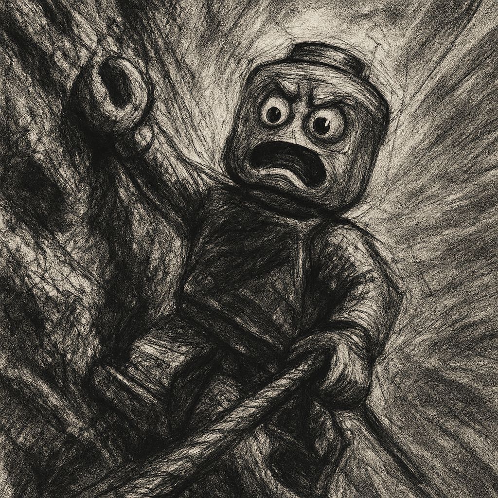 Lego Man's Perilous Climb: A Hyperdetailed Charcoal Drawing