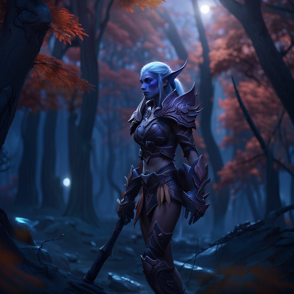 Night Elf Warrior in Forest Moonscape: Detailed Matte Painti...