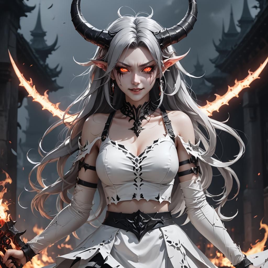 Demonic Woman with Extravagant Horns in Anime Style