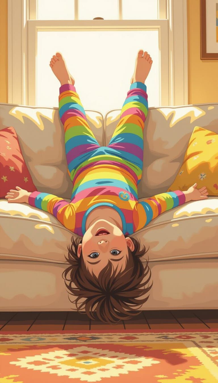 Upside-Down Toddler's Silly Face in Matte Painting Style