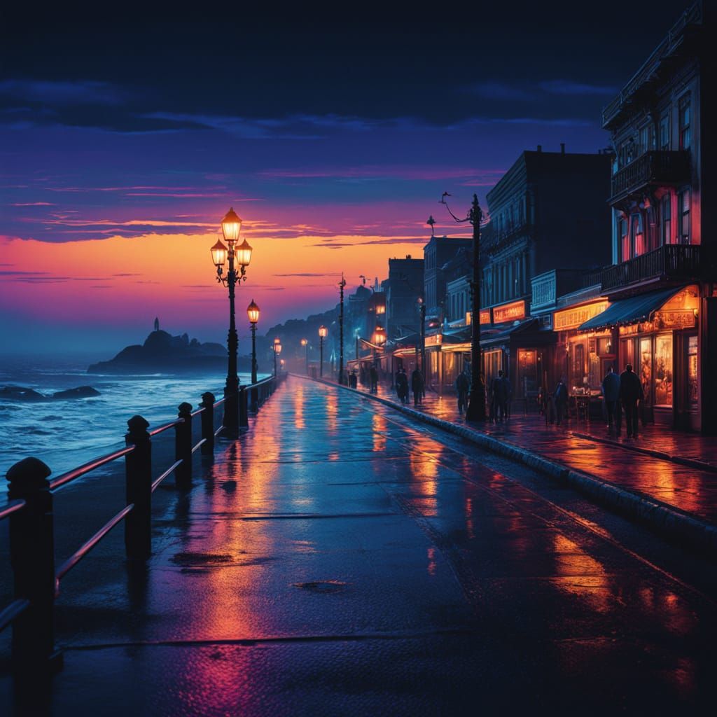 Mysterious Seaside Boulevard at Night in Vibrant Jewel Tones