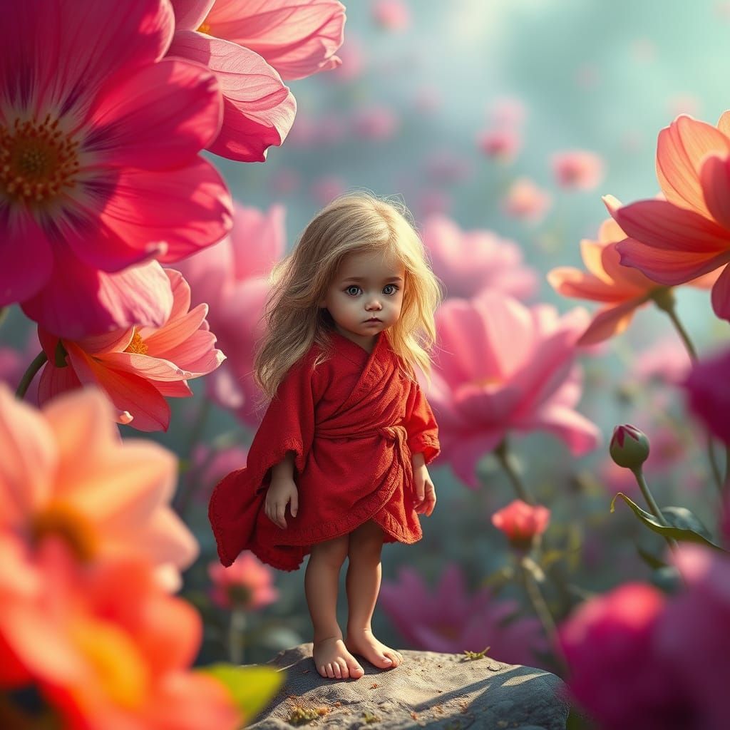 Surreal Girl Among Enchanted Flowers in Hyper-Realistic Styl...