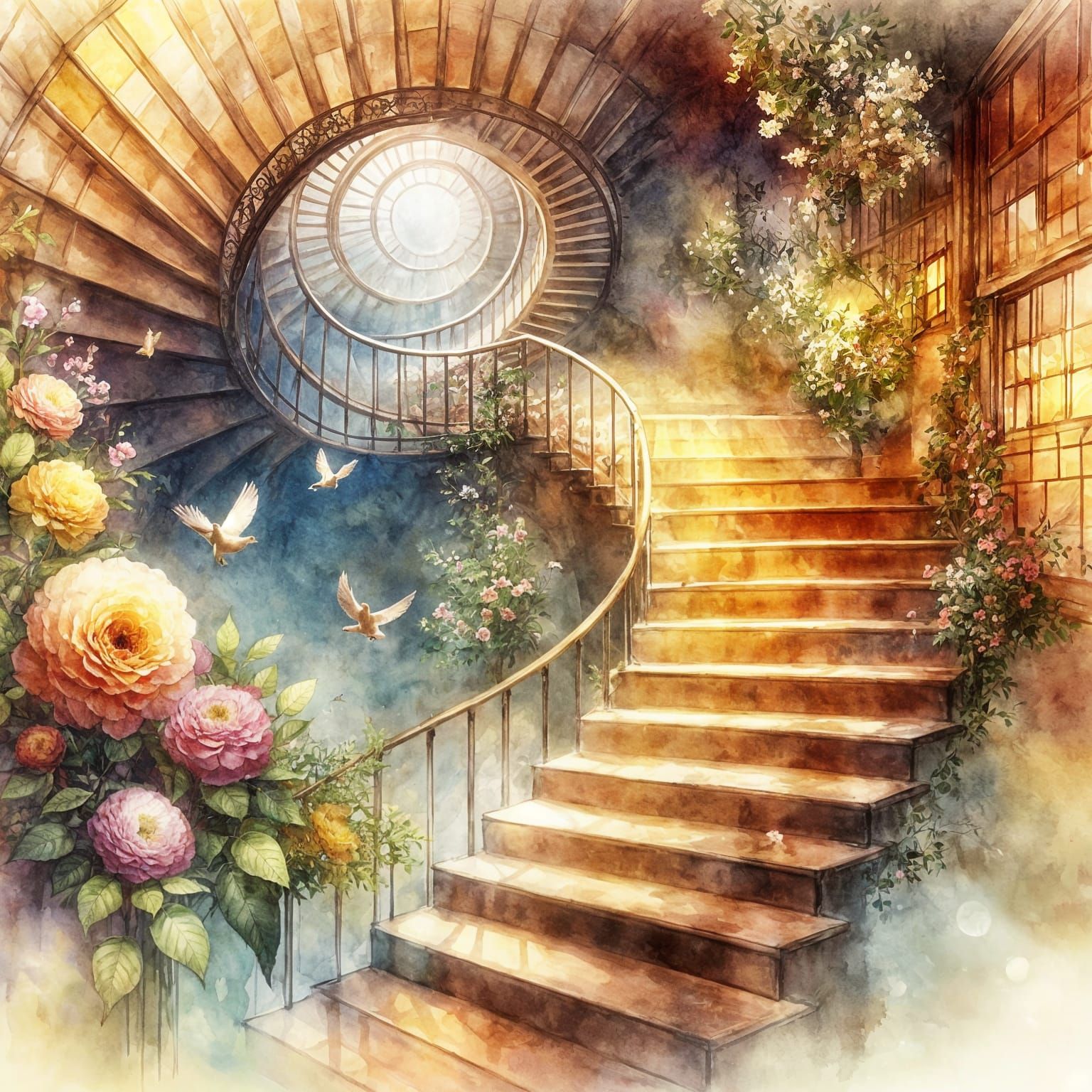 Dreamy Watercolor-Inspired Spiral Staircase Leading to Sprin...
