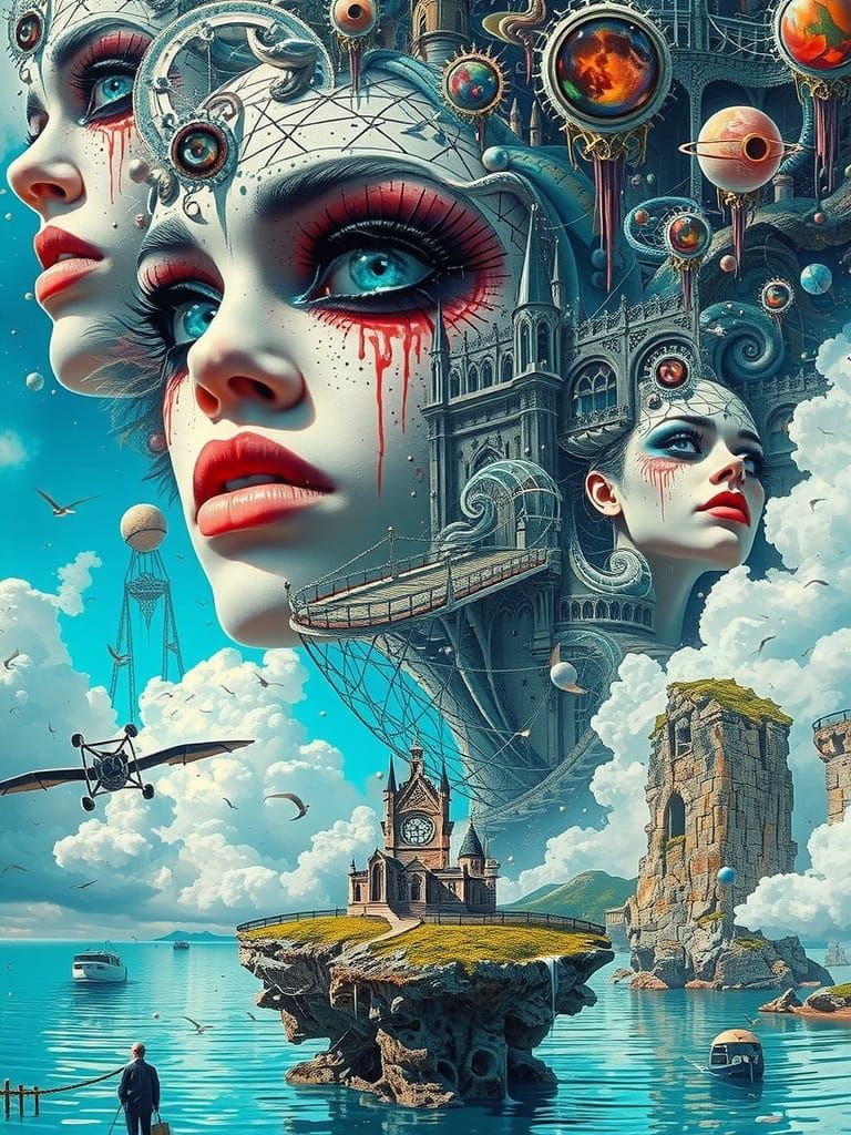 A woman's face with an enigmatic gaze, her features softly blurred, juxtaposed with a colossal, glowing eyeball, its iri...