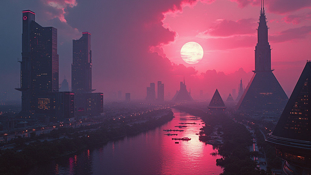 Neon Futuristic Pyramid Cityscape in Cyberpunk Style