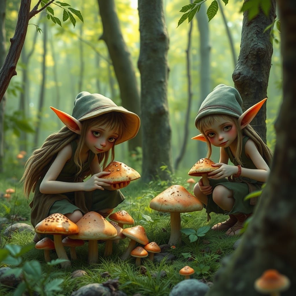 Elves Foraging in a Lush Forest: Whimsical Art