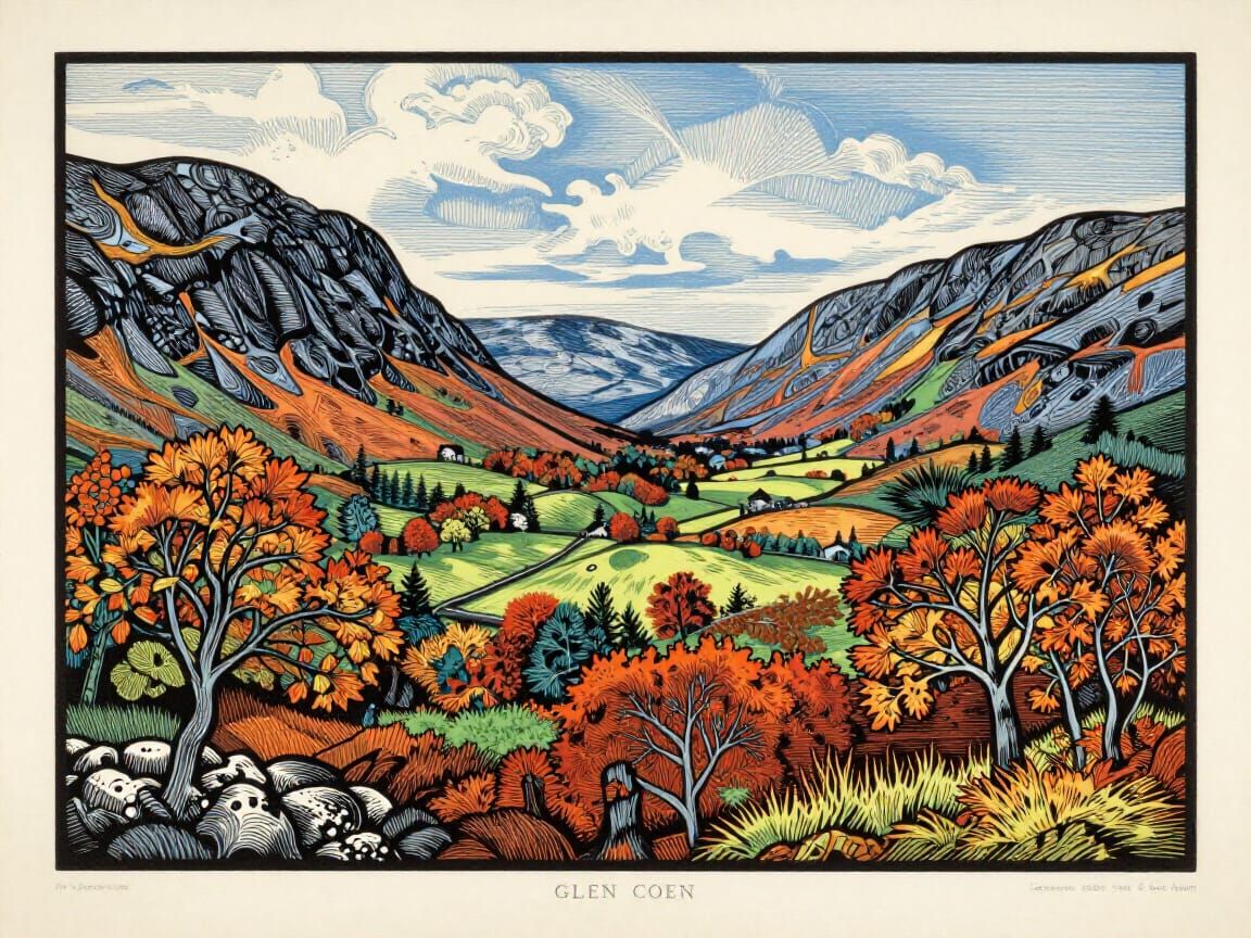 Glen Coe Autumn Landscape as Expressive Linocut